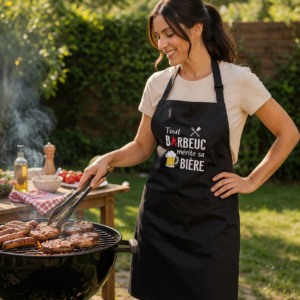 tablier-femme-barbecue-merite-sa-biere.jpg Femme portant un tablier noir personnalisé « Tout barbecue mérite sa bière » devant un barbecue en extérieur