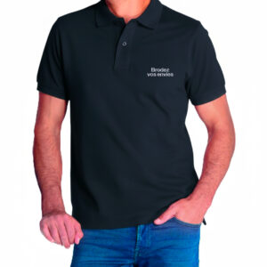 Polo_JK210_Block 2 New Polo homme noir personnalisé avec broderie blanche sur la poitrine