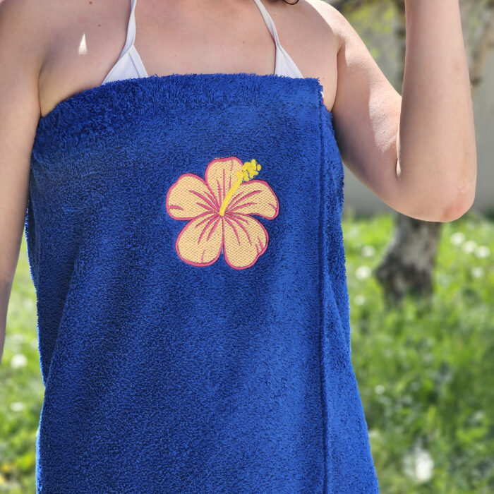 Paréo de bain bleu roy_ fleur hibiscus