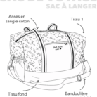 Schéma du sac de voyage et sac à langer personnalisable avec détails des tissus, anses et bandoulière