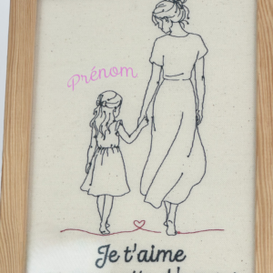 Cadre personnalisé Je t’aime mamounette d’amour avec prénom brodé représentant une grand-mère et sa petite-fille