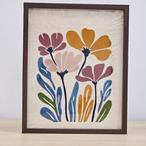 Cadre floral XXL avec fleurs colorées sur toile naturelle et cadre en bois foncé
